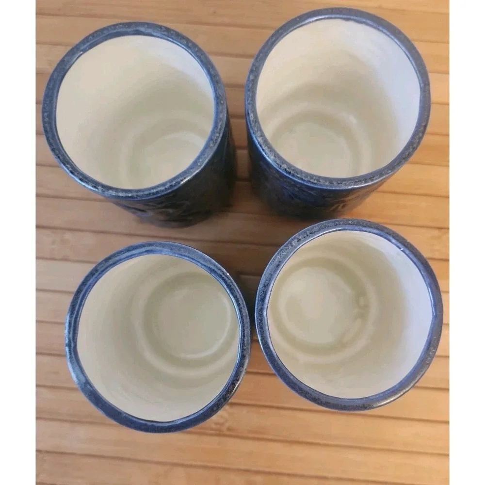 Vtg Set of 4 Tiki Mug Glass Cup Dark Blue Metallic Glaze Glossy Hawaiian Beach
